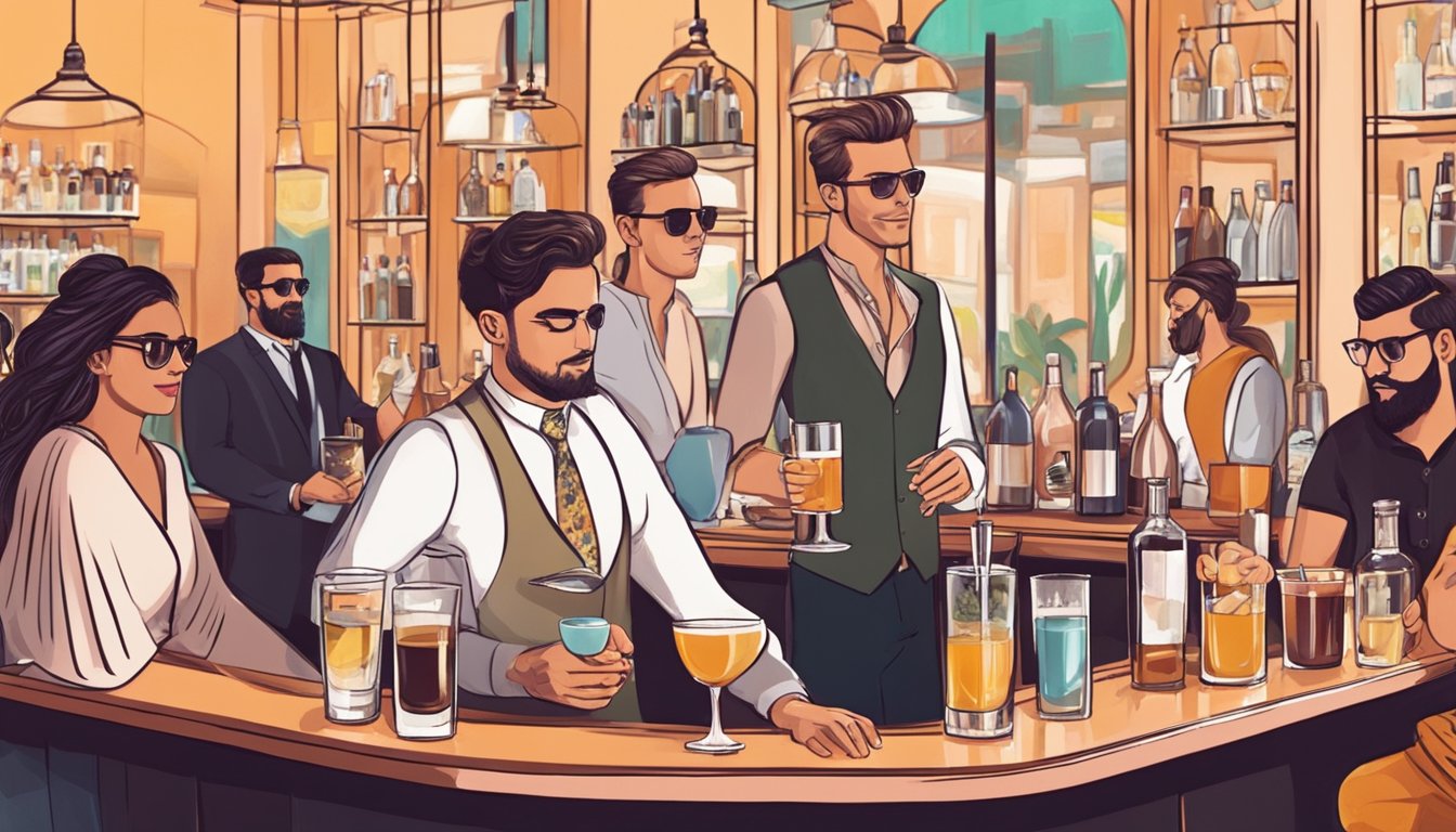 A stylish bar with a modern, floral decor. A bartender expertly crafts a tequila espresso martini, surrounded by trendy patrons enjoying the lively atmosphere