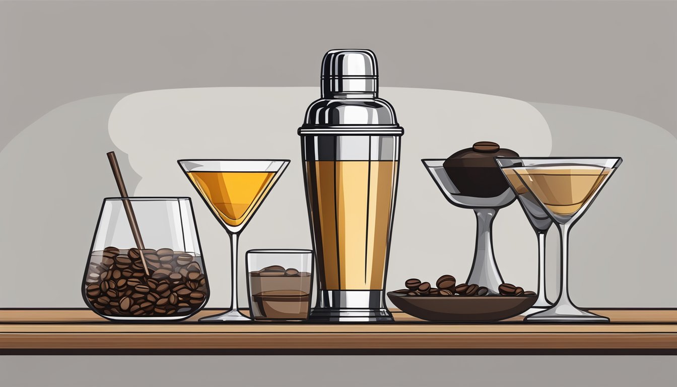 A cocktail shaker, tequila bottle, espresso shot, martini glass, and coffee beans on a sleek bar counter