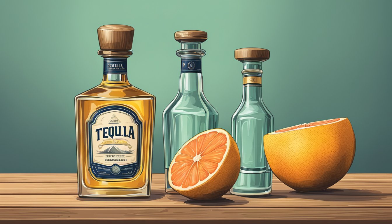 A bottle of tequila and a ripe grapefruit on a wooden table