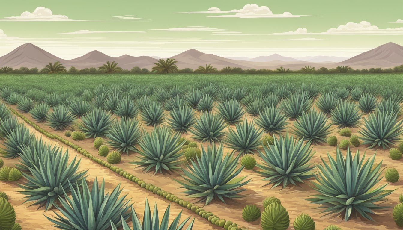 A traditional Mexican agave field with ripe grapefruit trees in the background