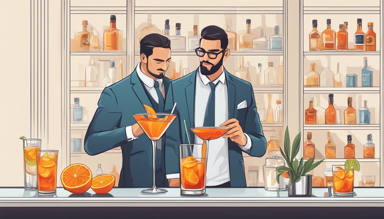 A sleek, modern cocktail bar with a tequila negroni being expertly mixed and garnished with a twist of orange peel