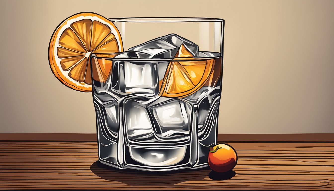 A classic old fashioned glass with a tequila old fashioned cocktail, garnished with an orange twist and a Luxardo cherry, sitting on a dark wooden bar counter