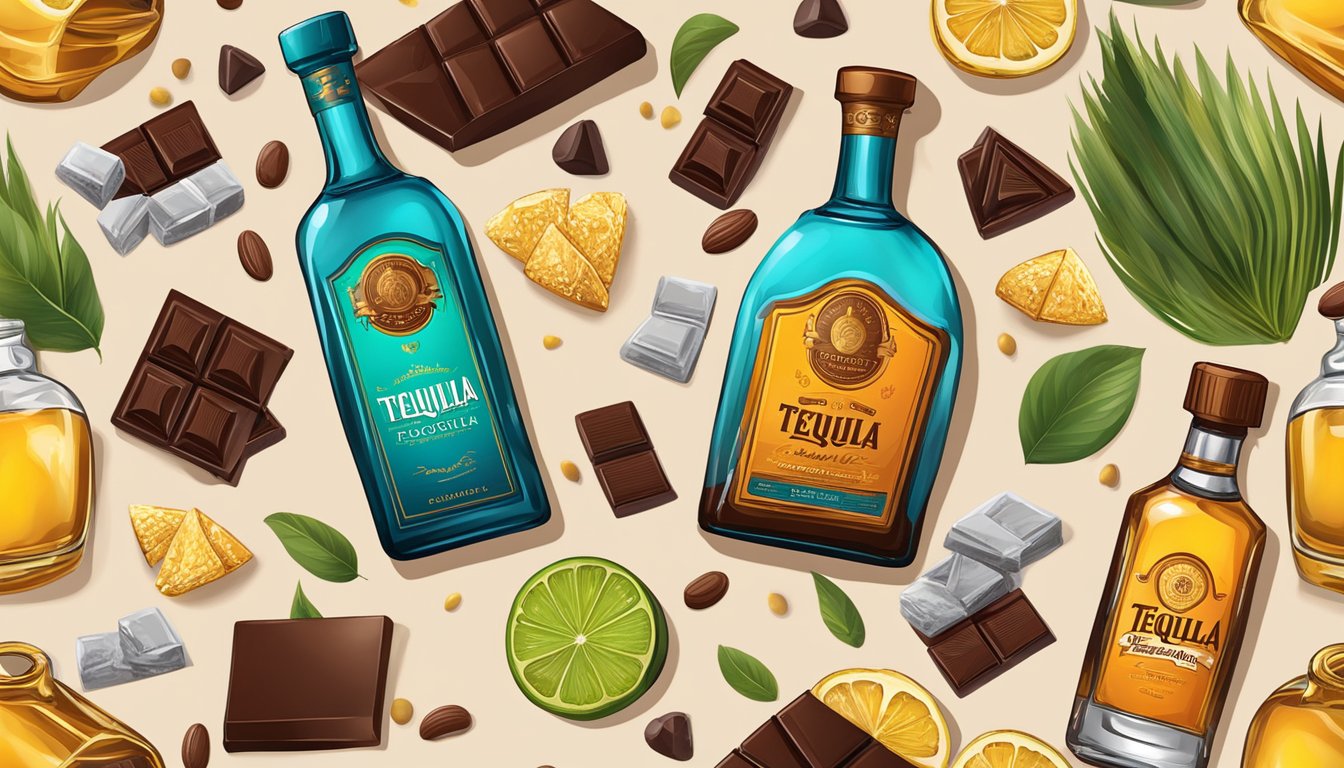 A bottle of tequila surrounded by various types of chocolate