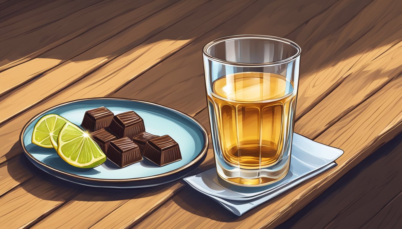 A glass of tequila next to a plate of assorted chocolates on a wooden table