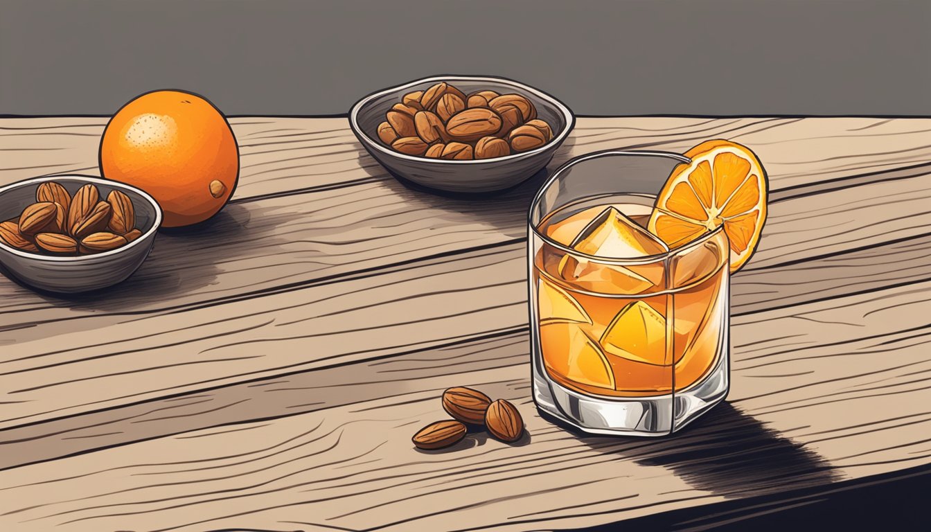 A tequila old fashioned served on a wooden bar with a slice of orange and a cherry garnish, paired with a side of spiced nuts