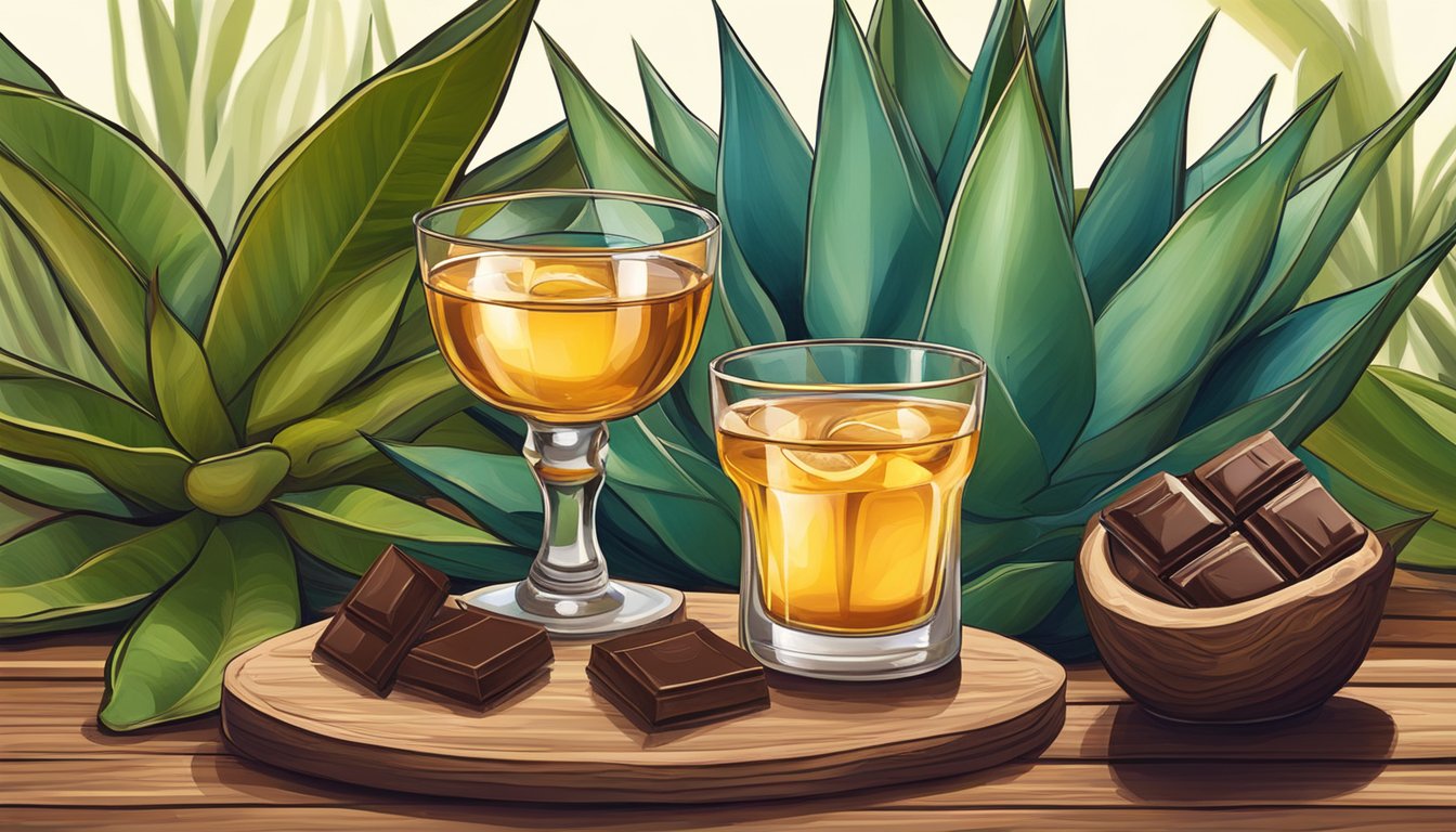 A glass of tequila and a piece of chocolate on a wooden table, surrounded by vibrant agave plants and cacao pods