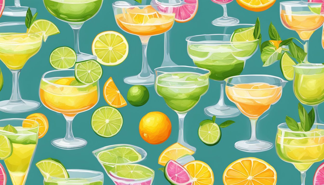 A colorful array of margarita glasses, each filled with a different variation of the classic cocktail, surrounded by fresh citrus fruits and salt-rimmed glasses