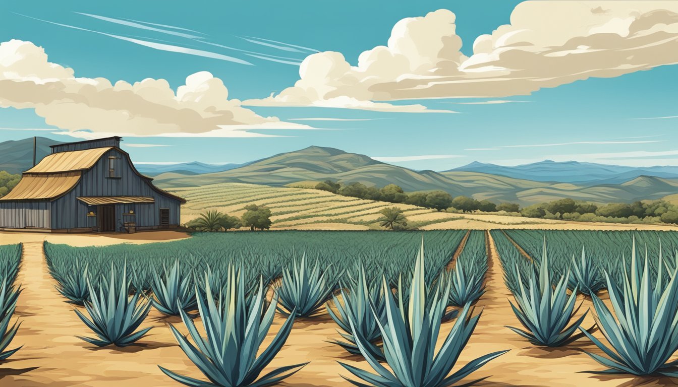 A rustic agave field with a traditional distillery in the background. Blue skies and rolling hills complete the historical setting