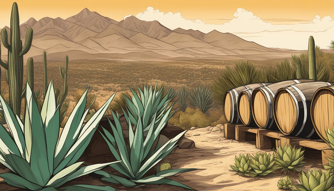 Aging tequila and mezcal barrels surrounded by agave plants and desert landscape