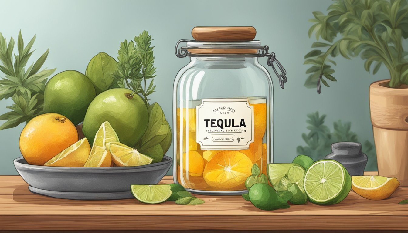 A glass jar filled with tequila and various fruits, herbs, and spices, sitting on a wooden countertop with a label reading "Infusion Process Explained."