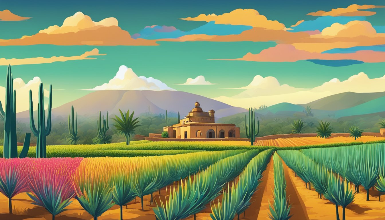 A traditional Mexican agave field with a distillery in the background, surrounded by vibrant colors and cultural symbols