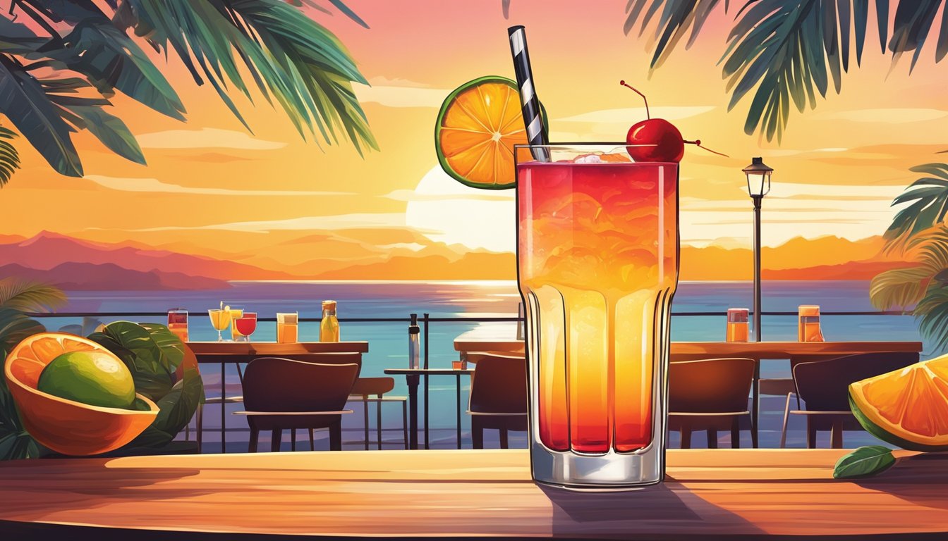 A vibrant tequila sunrise cocktail sits on a bar counter, garnished with a slice of orange and a cherry, with a backdrop of a festive, outdoor gathering