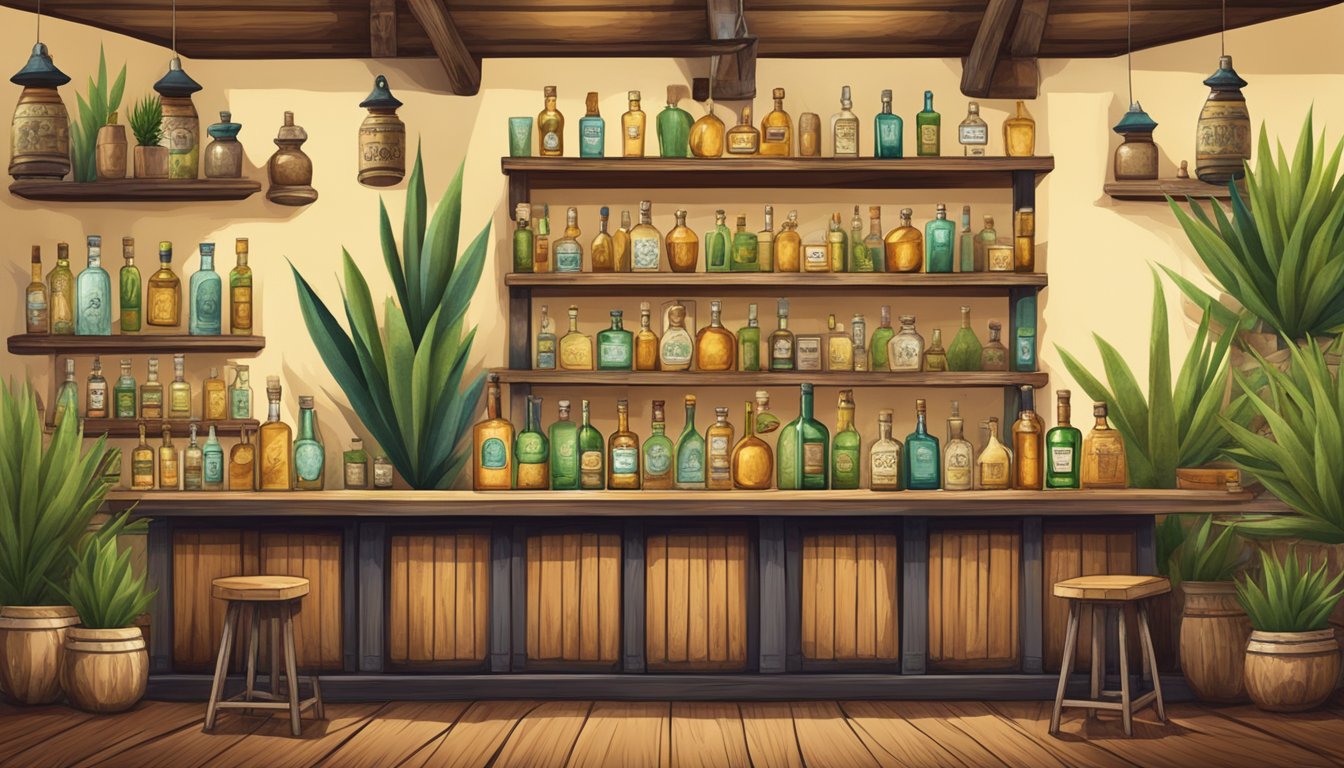 A rustic bar with shelves of tequila and mezcal bottles, surrounded by agave plants and traditional Mexican decor