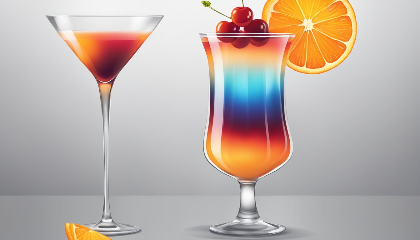 A tall glass with a gradient of orange and red liquid, garnished with a slice of orange and a maraschino cherry on the rim