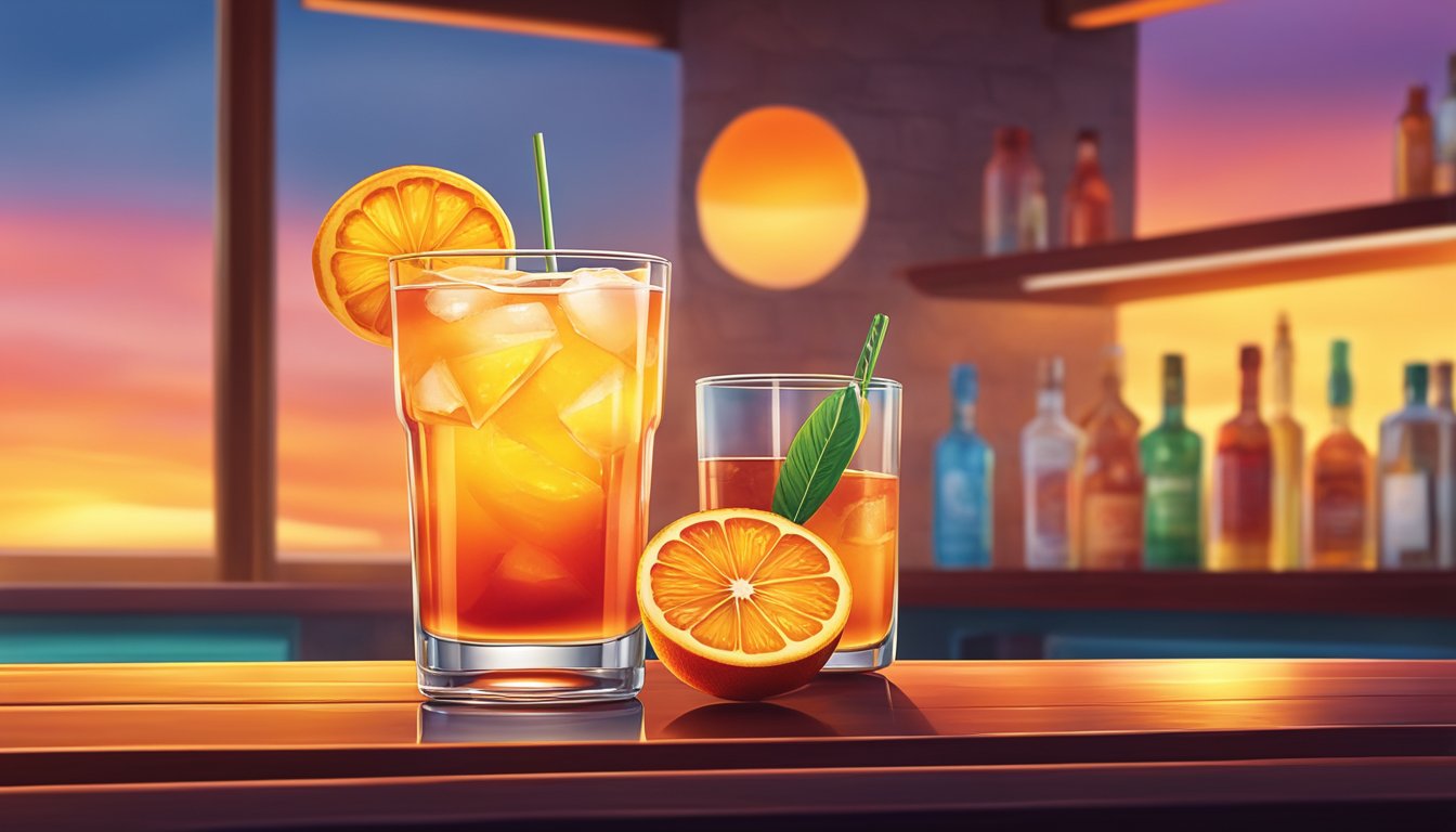 A tequila sunrise cocktail sits on a bar counter, garnished with an orange slice and a cherry, as the sun sets in the background, casting a warm glow