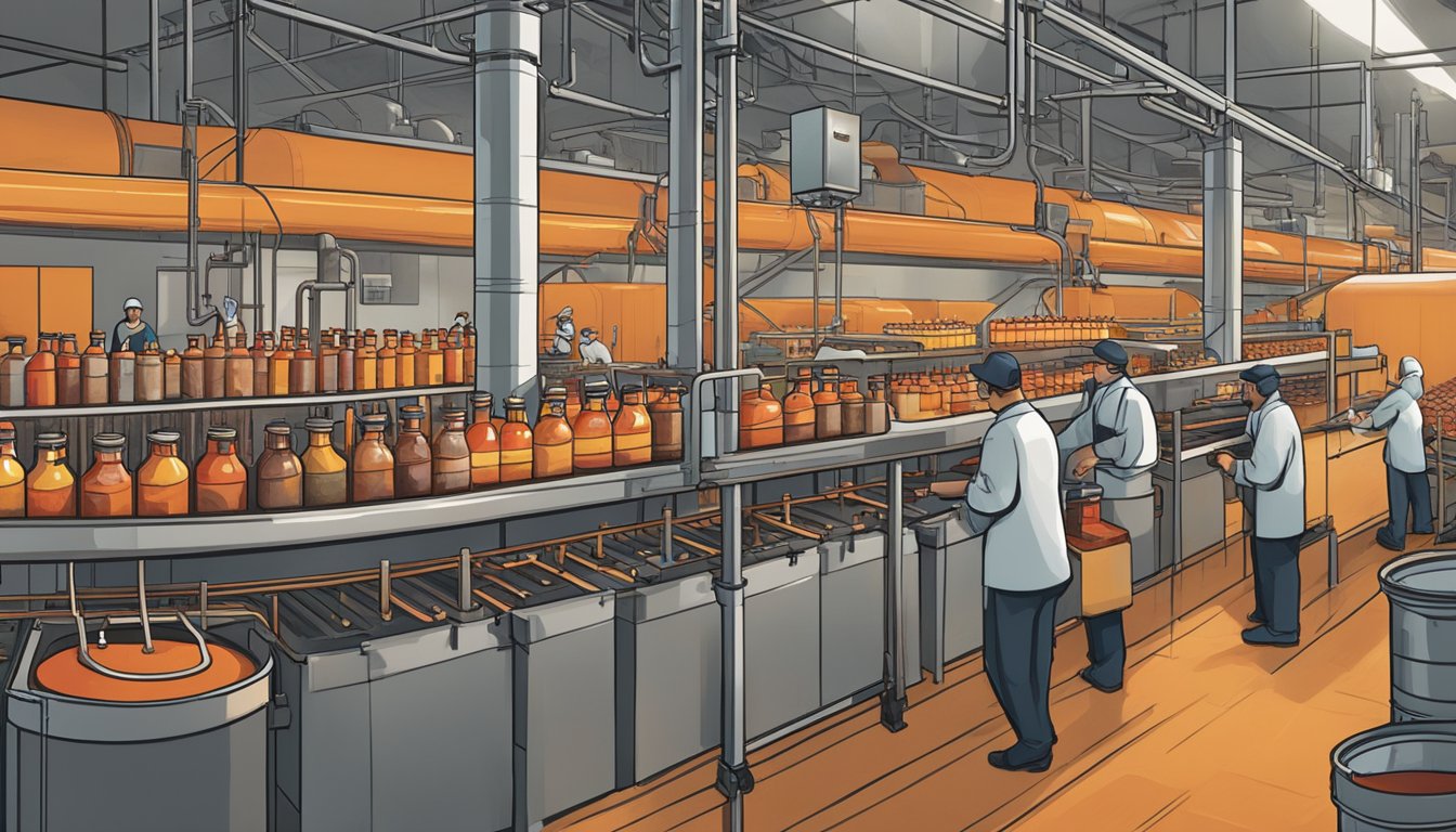 A bustling factory floor with workers bottling and labeling hot sauce, while others oversee the production process. Steam rises from large vats as the spicy aroma fills the air