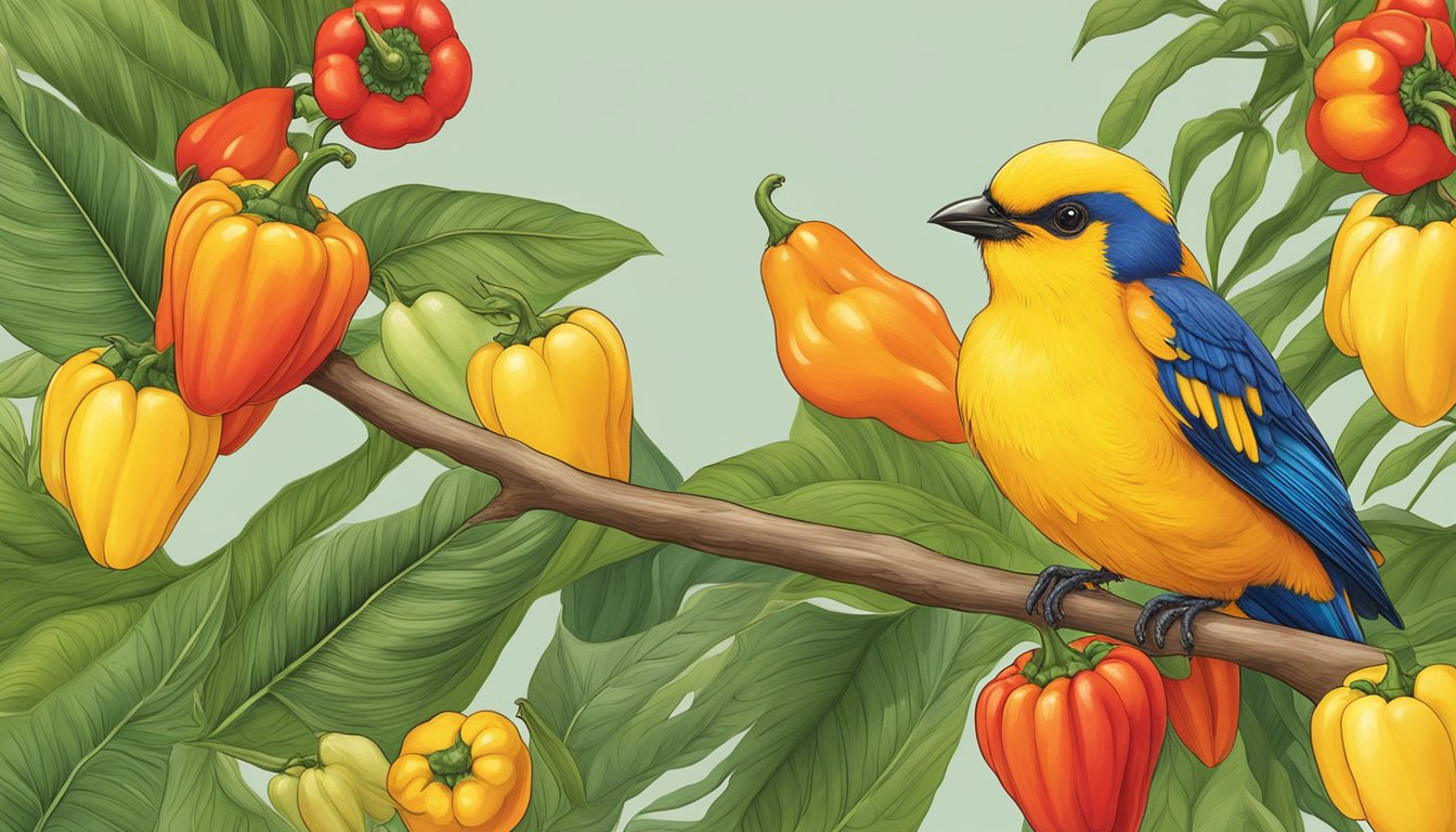 A fiery yellowbird perched on a tropical branch, surrounded by vibrant peppers and exotic fruits