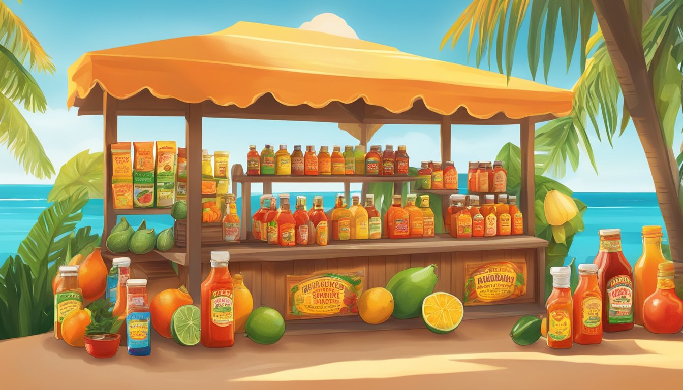 A vibrant market stall displays Lottie's Barbados Hot Sauce, surrounded by tropical fruits and spices. The sun casts a warm glow on the bottles