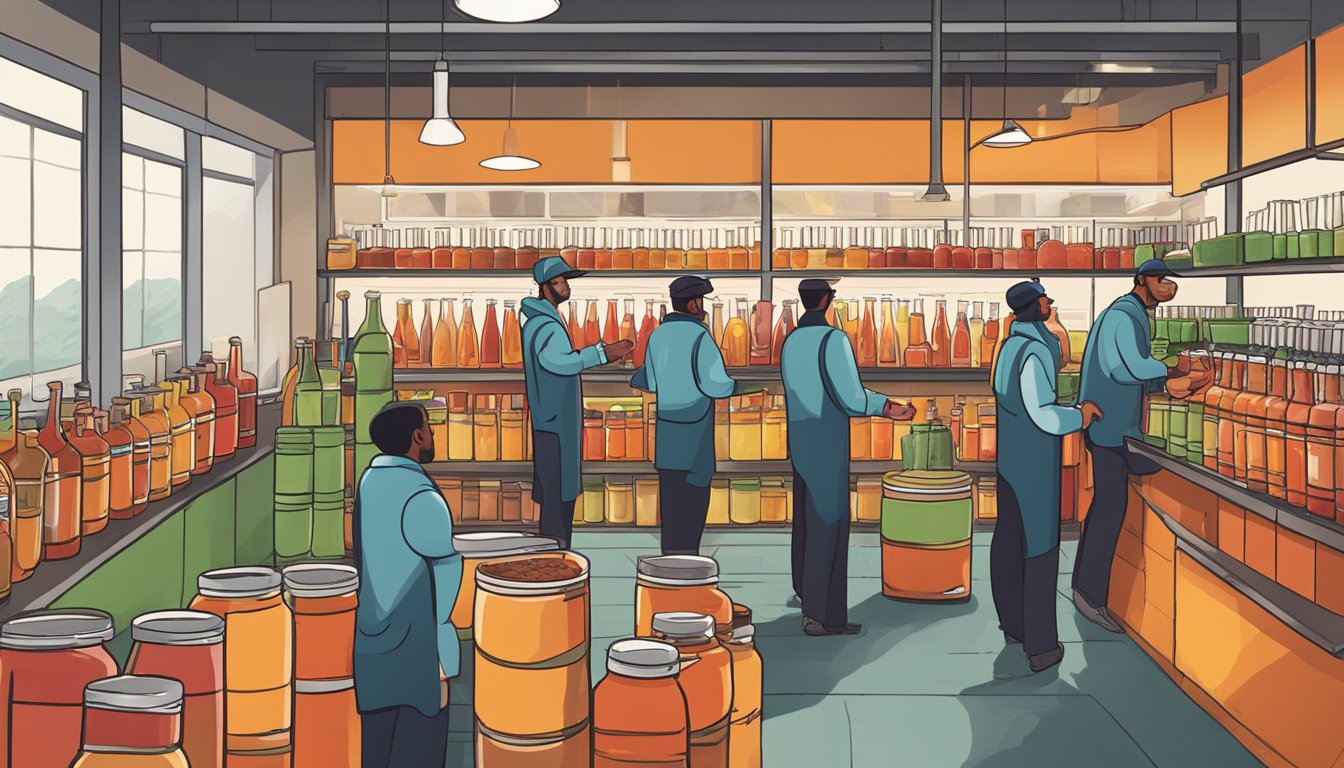 A bustling hot sauce factory with workers blending ingredients and filling bottles. A wall displays the company's flavor profiles and heat levels