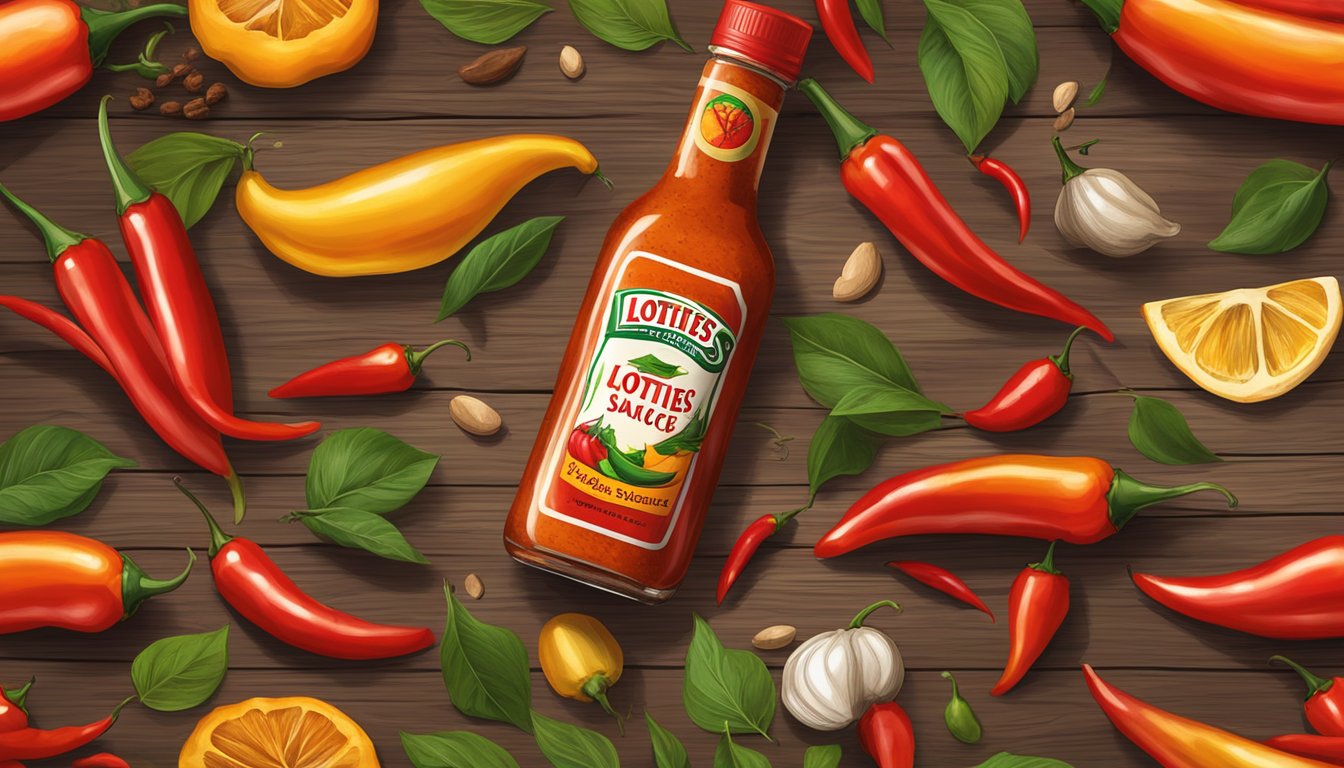 A bottle of Lotties Barbados hot sauce surrounded by vibrant chili peppers and exotic spices on a rustic wooden table