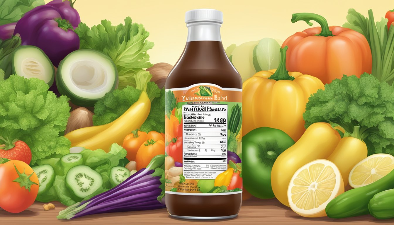 A bottle of Yellowbird sauce surrounded by fresh, vibrant vegetables and fruits, with a nutritional information label in the background