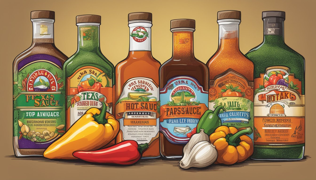 A variety of key ingredients, including peppers, garlic, and vinegar, are displayed in front of the Texas hot sauce company logo