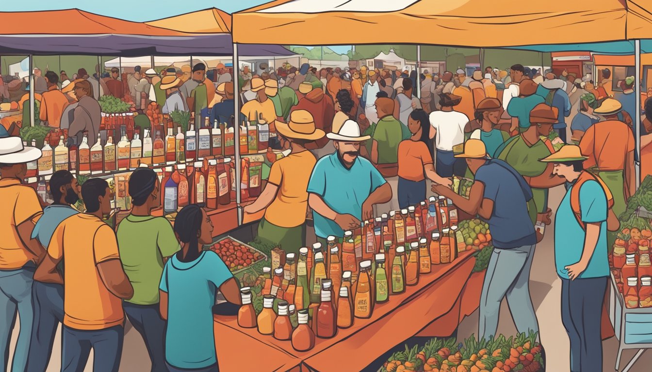 A bustling farmers market with a colorful booth showcasing various bottles of Texas hot sauce, surrounded by eager customers sampling and purchasing the products