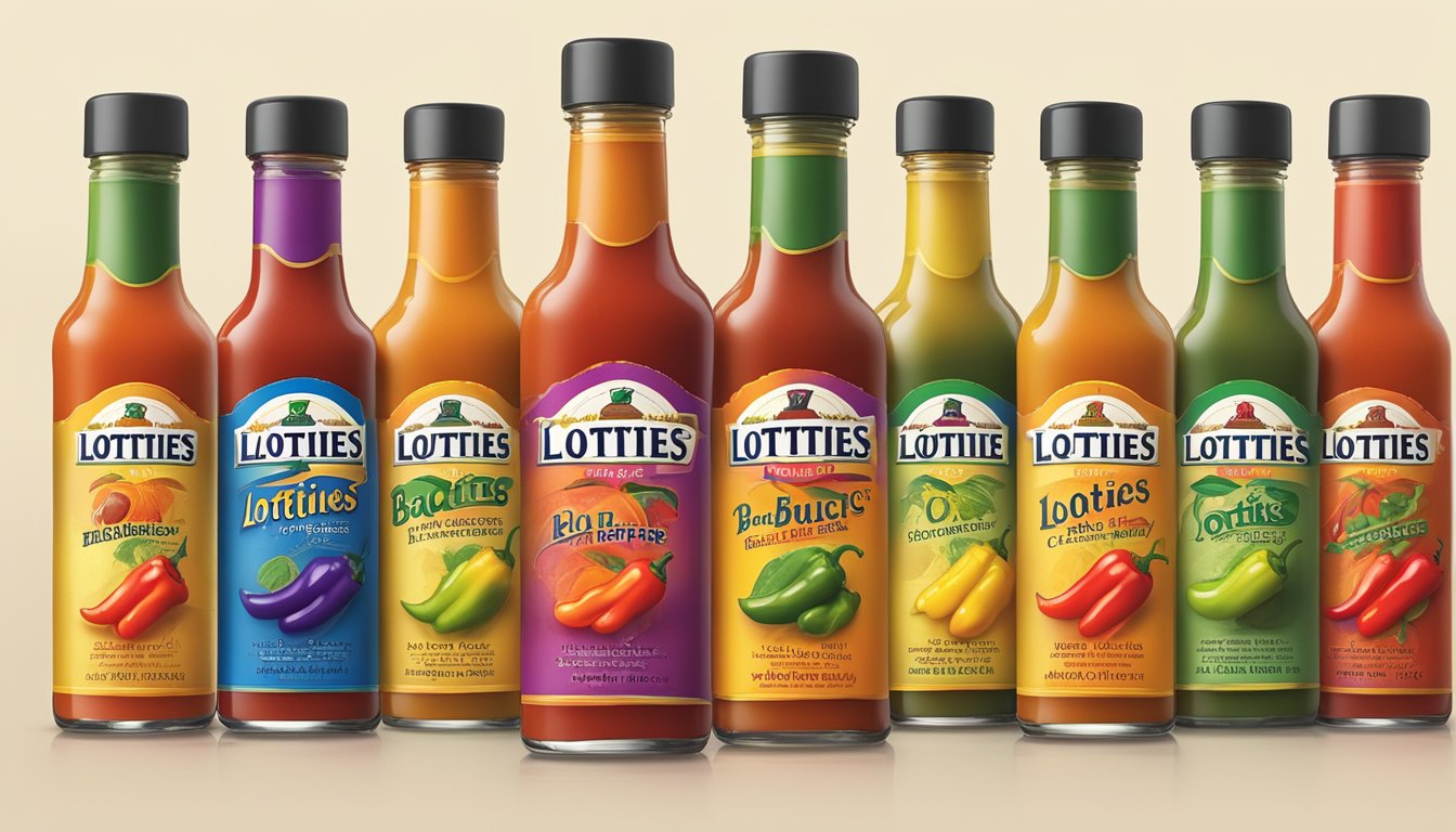 A bottle of Lotties Barbados hot sauce surrounded by various peppers of different colors and sizes, with a thermometer showing a high temperature