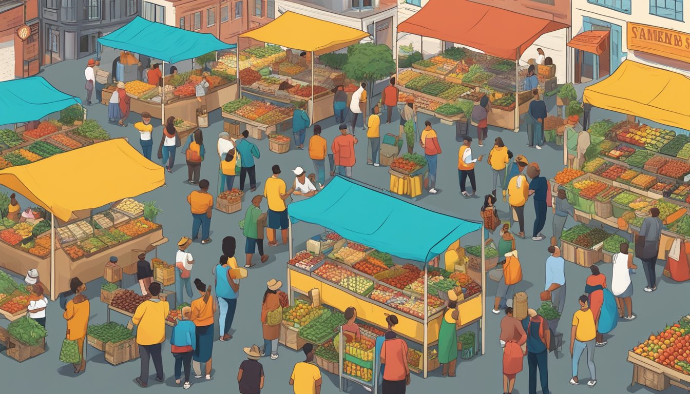 A bustling farmer's market with colorful, vibrant stalls showcasing Yellowbird hot sauce and attracting a crowd of eager customers