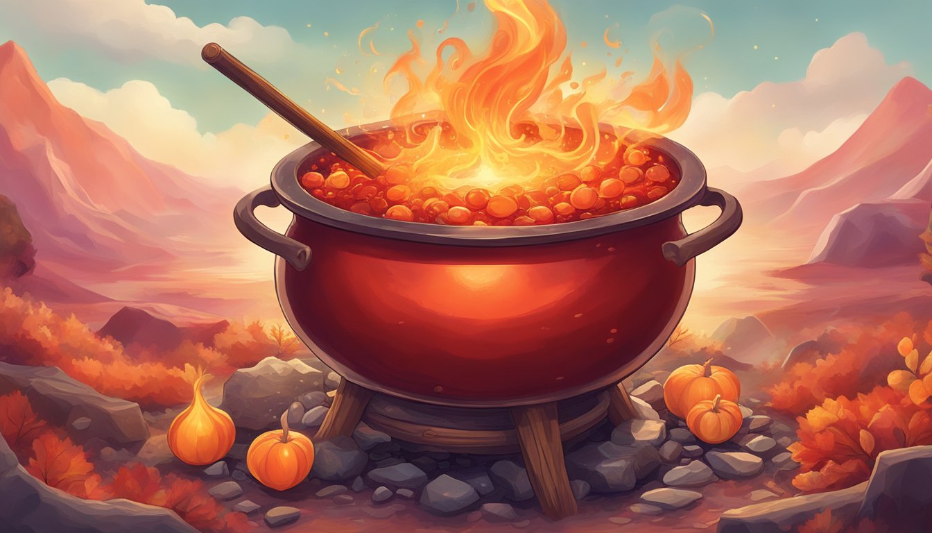 A bubbling cauldron of fiery red liquid surrounded by mystical ingredients and an aura of ancient mysticism