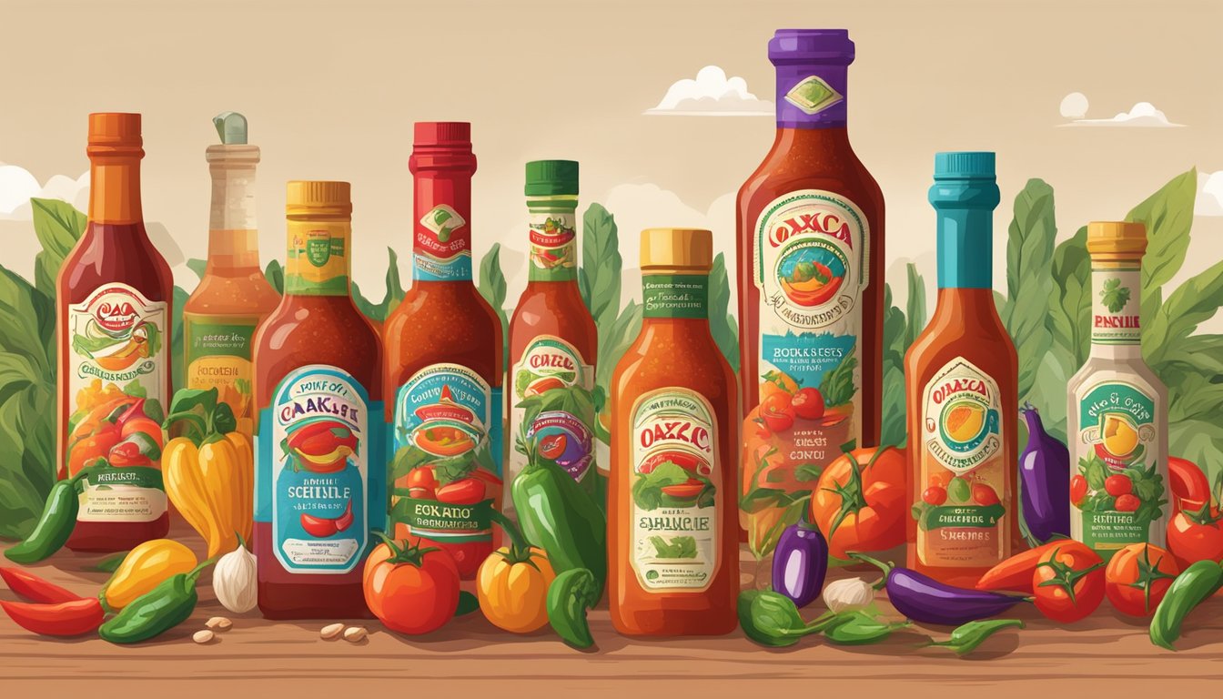 A bottle of Oaxaca hot sauce surrounded by various ingredients like chili peppers, garlic, and tomatoes, with a variety of different flavored bottles in the background