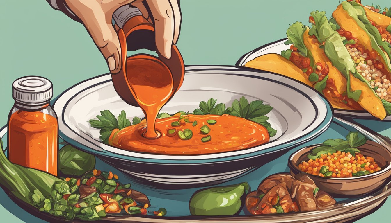 A hand pouring Oaxaca hot sauce from a bottle onto a plate of food