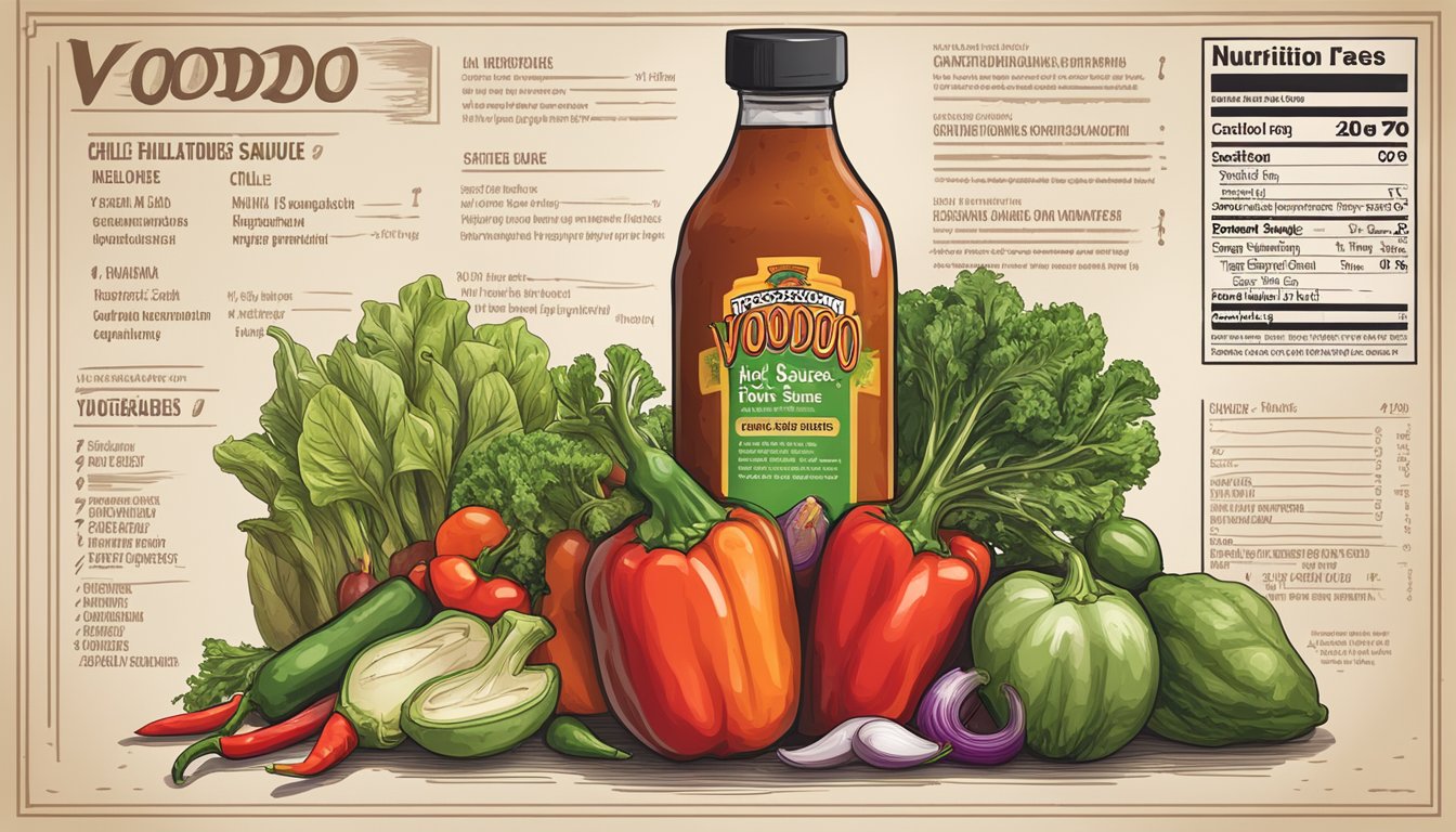 A bottle of voodoo chile hot sauce surrounded by fresh vegetables and a nutrition label