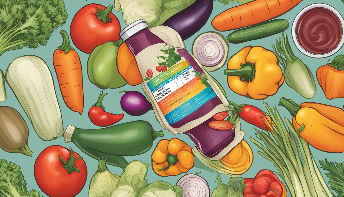 A variety of fresh and colorful vegetables arranged around a bottle of "Sht the bed" hot sauce, with a nutrition label and health information displayed nearby