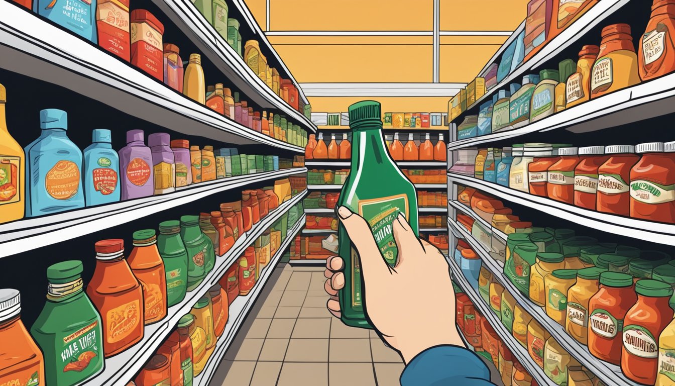 A hand reaching for a bottle of "Sht the bed" hot sauce on a grocery store shelf, surrounded by other condiments and products