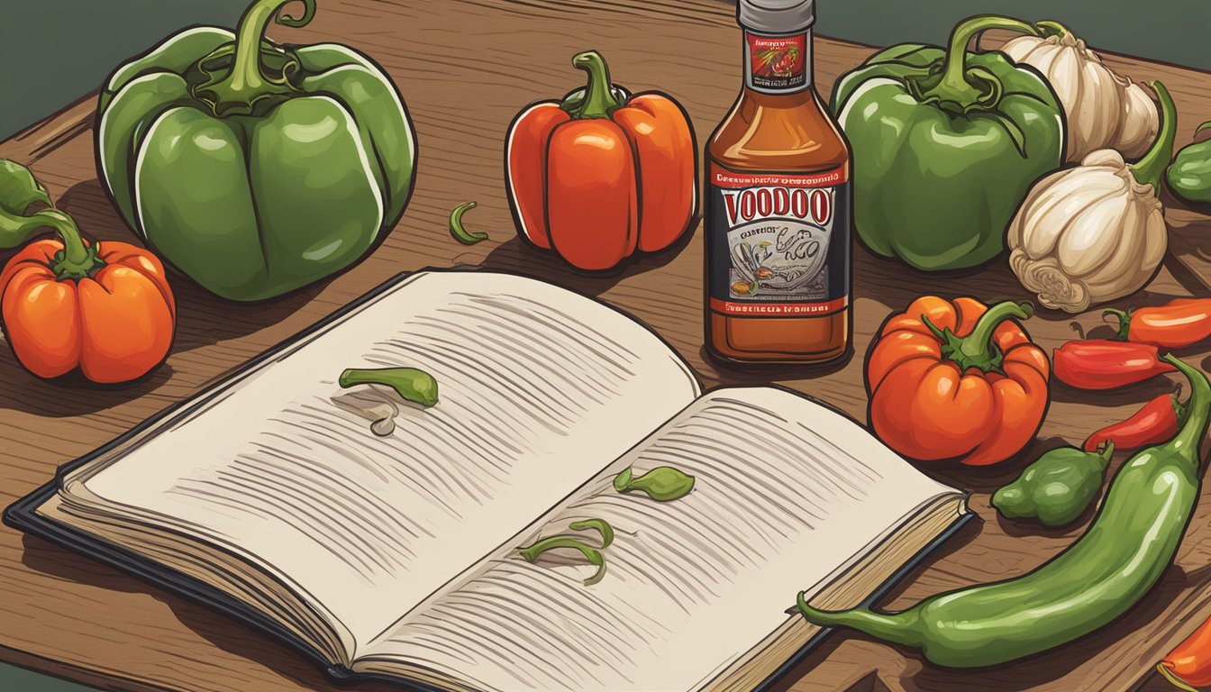 A bottle of Voodoo chile hot sauce surrounded by fresh ingredients like peppers, garlic, and tomatoes, with a recipe book open to a spicy dish