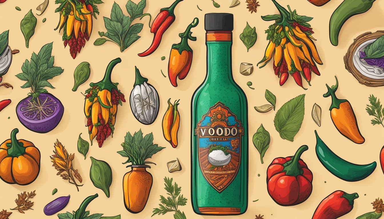 A vibrant bottle of Voodoo Chile hot sauce surrounded by cultural symbols and ingredients like peppers, herbs, and spices