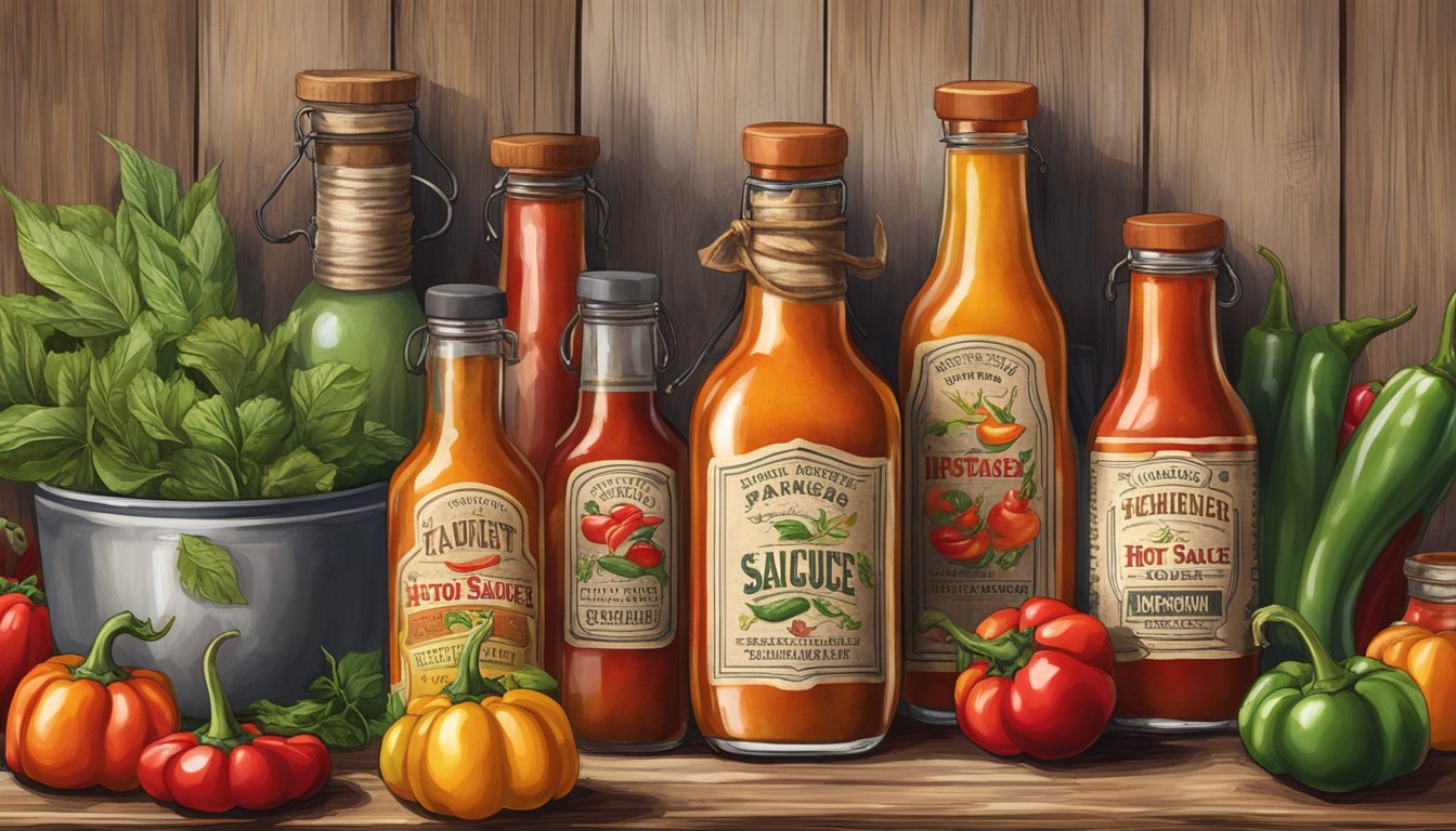 A variety of hot sauce bottles displayed in a rustic, old-fashioned kitchen setting, surrounded by fresh peppers and other ingredients