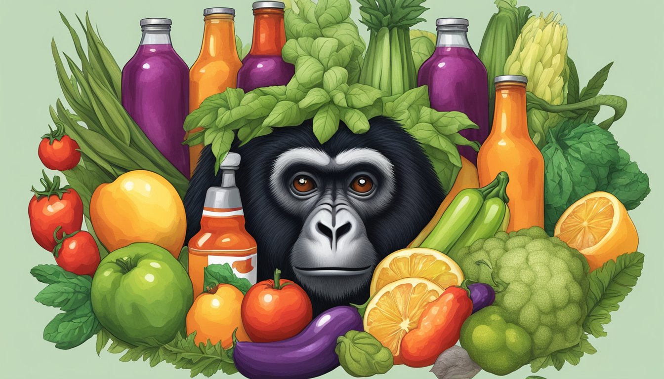 A howler monkey holding a bottle of hot sauce surrounded by various fresh fruits and vegetables