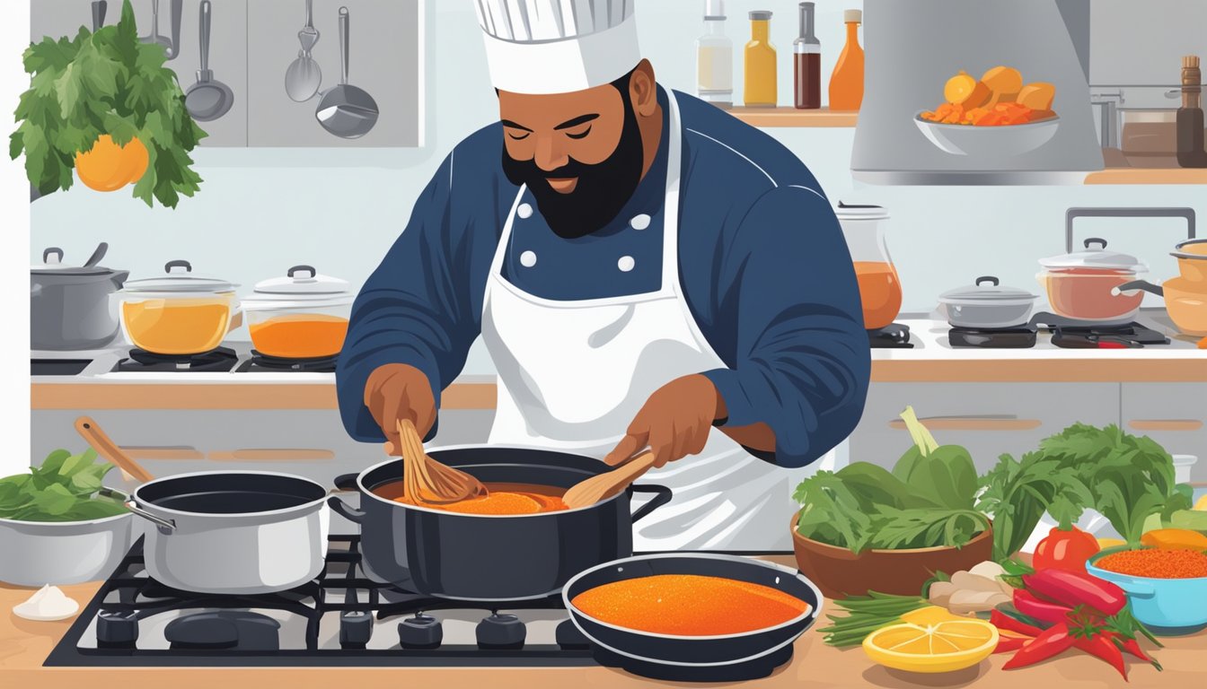 A chef stirring a large pot of simmering haute sauce on a stovetop, surrounded by colorful spices and fresh ingredients