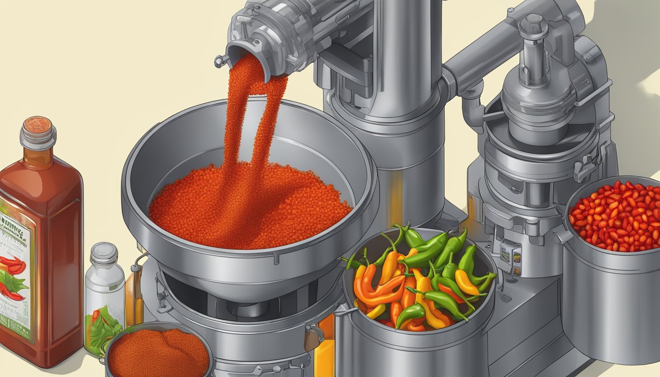 A large industrial blender mixing ripe red chili peppers, vinegar, and spices for Howler Monkey hot sauce