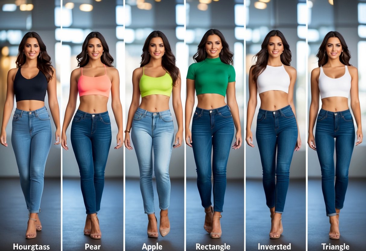 Various body shapes with jeans: hourglass, pear, apple, rectangle, and inverted triangle