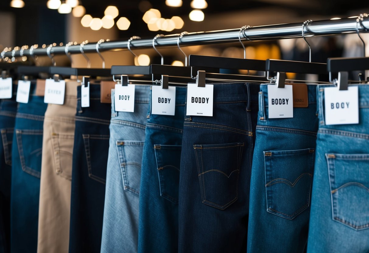 A variety of jeans hanging on a clothing rack, each labeled with a different body type