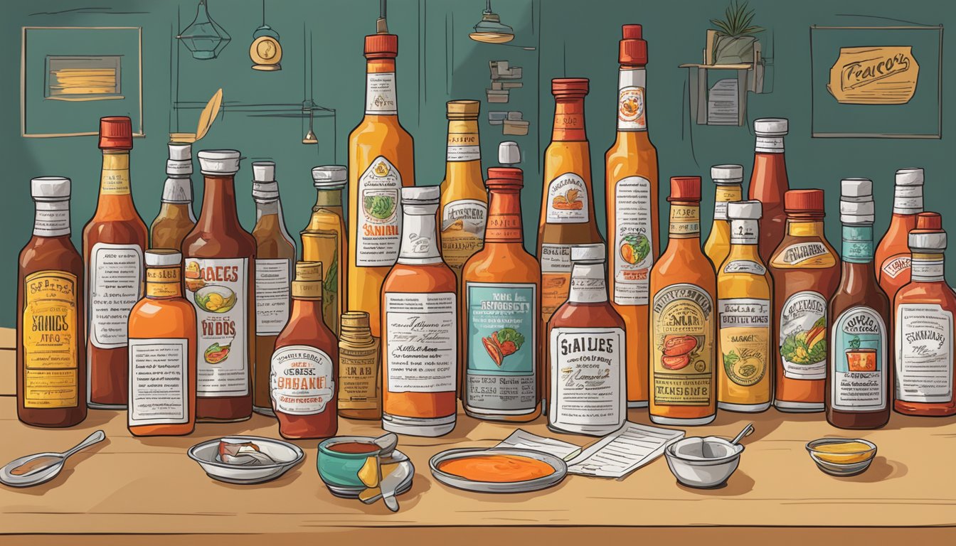 A table with various hot sauce bottles, surrounded by positive review quotes and awards