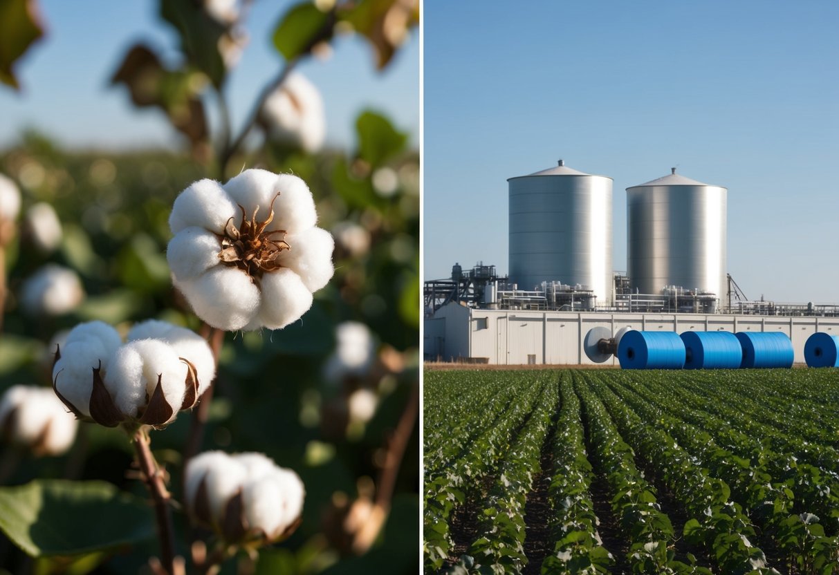 A cotton field with ripe bolls and a polyester manufacturing facility with large spools of synthetic fiber