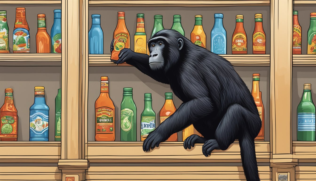 A howler monkey reaching for a bottle of hot sauce on a shelf