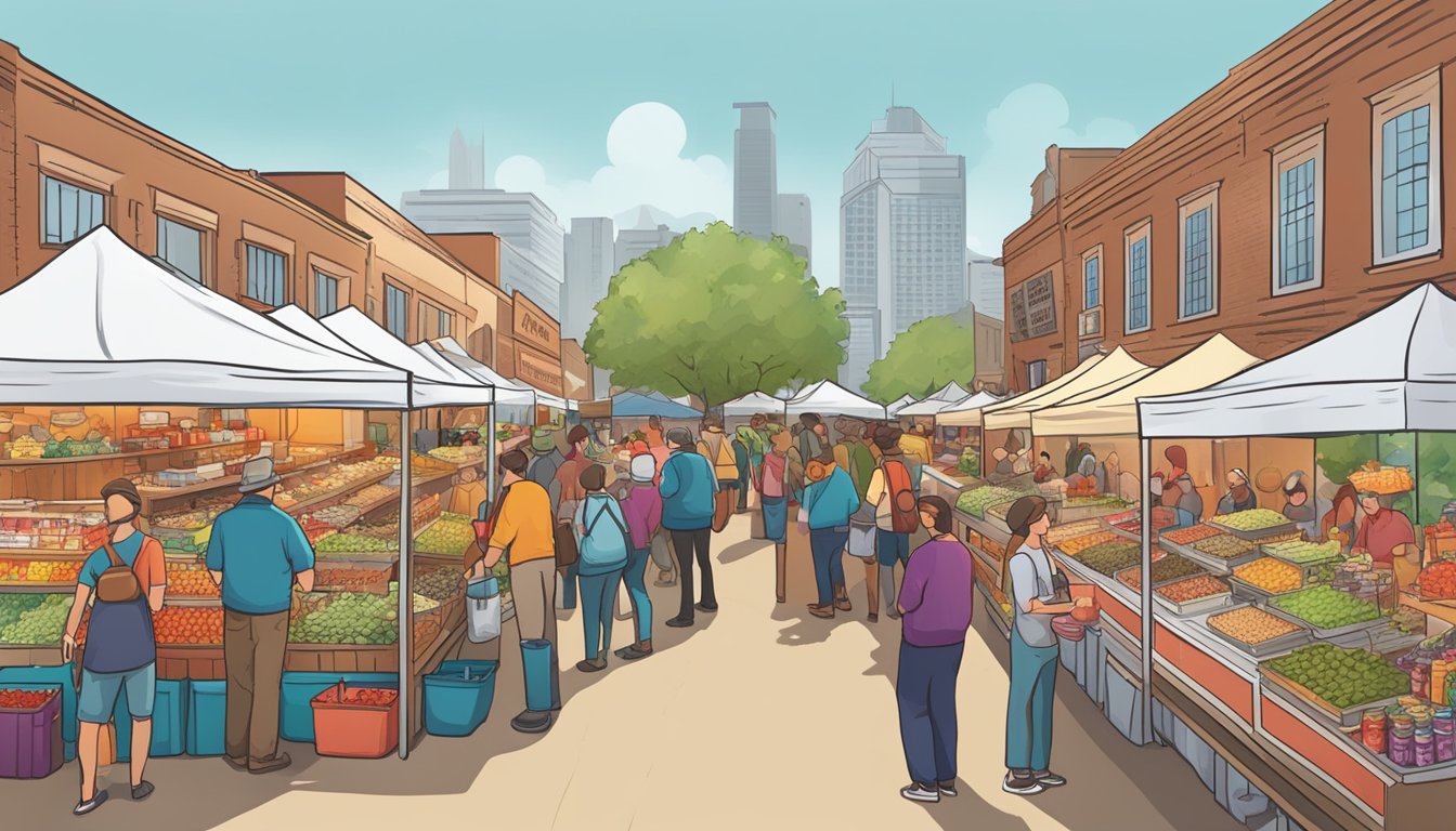 A bustling farmers' market with colorful stalls selling High River Sauces, surrounded by eager customers sampling and purchasing the spicy condiments