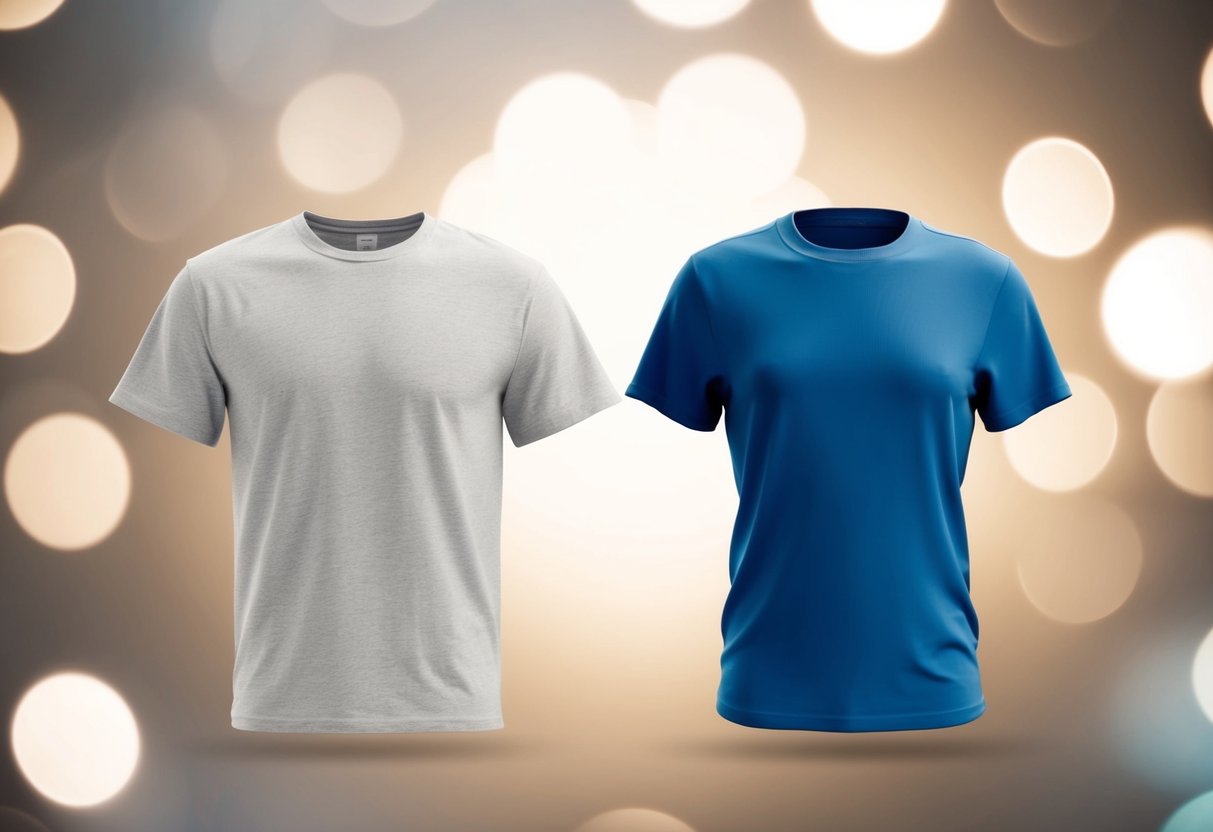 A cotton t-shirt with a relaxed fit and a soft texture next to a polyester t-shirt with a sleek, form-fitting design