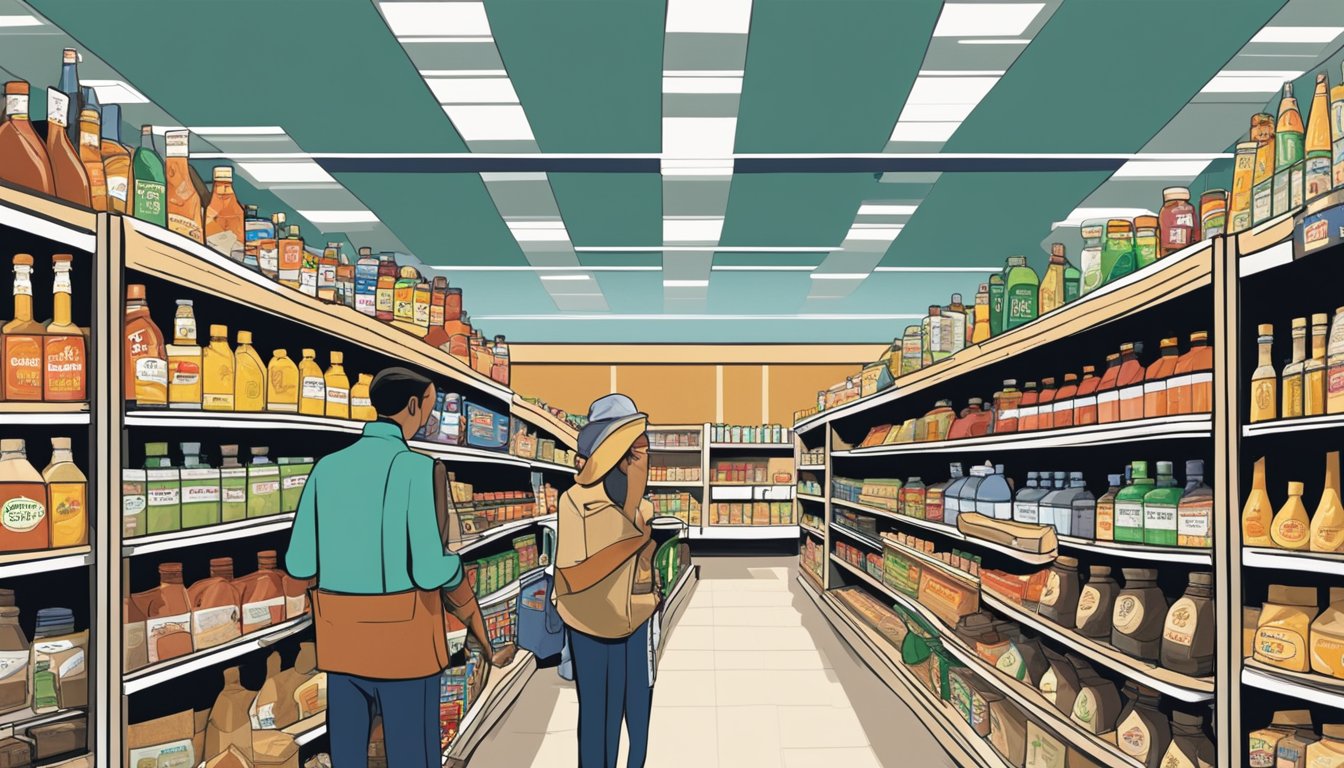 A bustling grocery store aisle with shelves stocked with various condiments, including the sought-after Marshalls haute sauce. Customers browse the selection while a store employee restocks the shelves