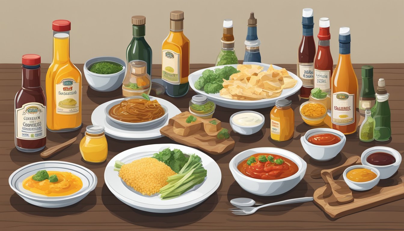 A table set with a variety of dishes and condiments, with bottles of High River Sauces arranged neatly alongside serving utensils